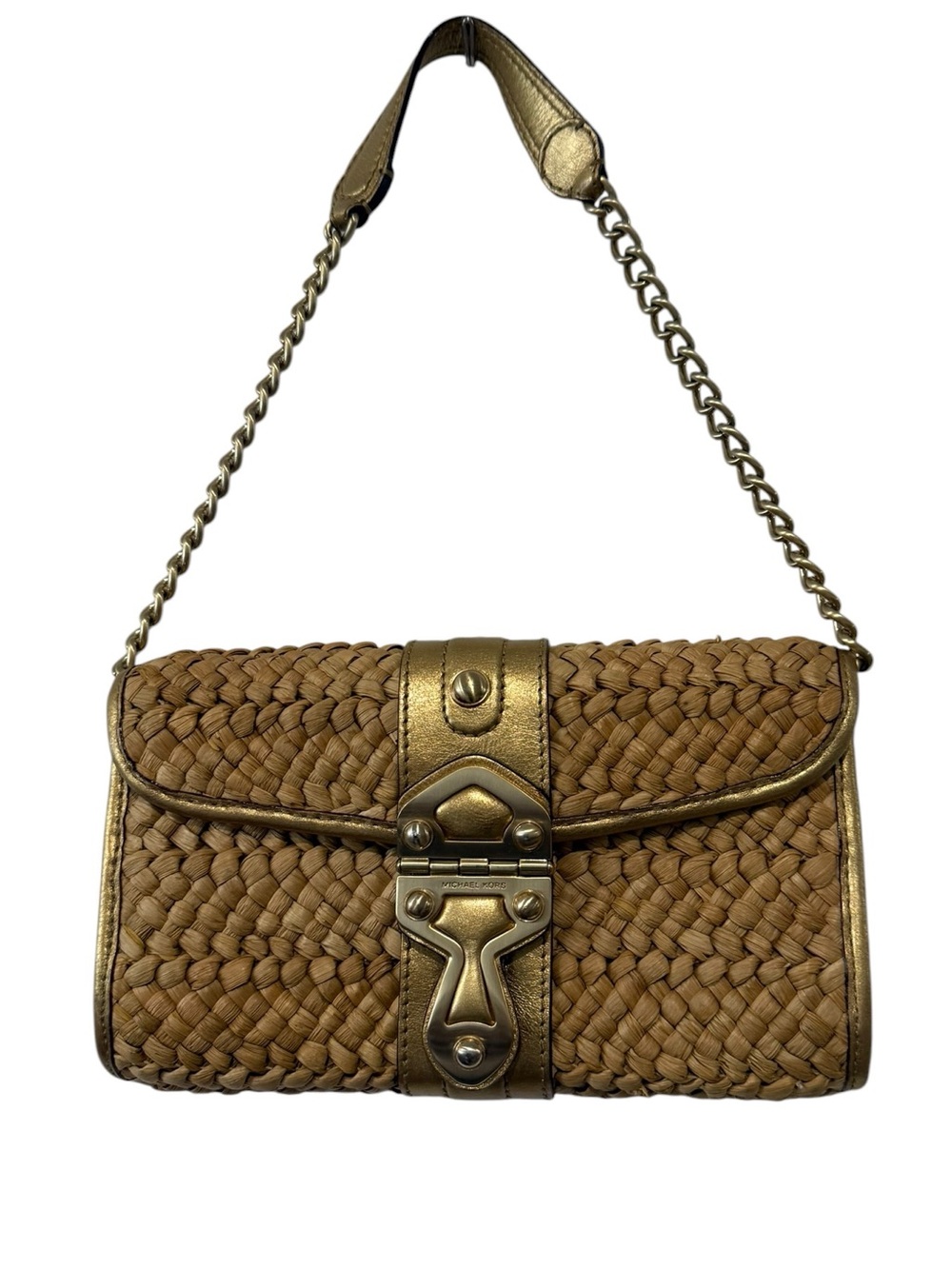 Michael Kors Santorini Woven Straw Clutch Gold Chain Shoulder Bag